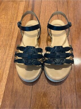 UGG Black Woven Leather Ankle-Strap Sandals Size 6